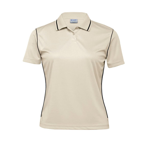 A women's polo shirt in a light beige colour with black piping and a logo on the chest.