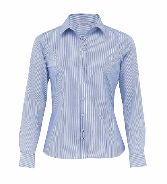 A button-up women's shirt with blue and white stripes, featuring a collar and long sleeves. It has a logo on the label. A button-up women's shirt with blue and white stripes, featuring a collar and long sleeves. It has a logo on the label.