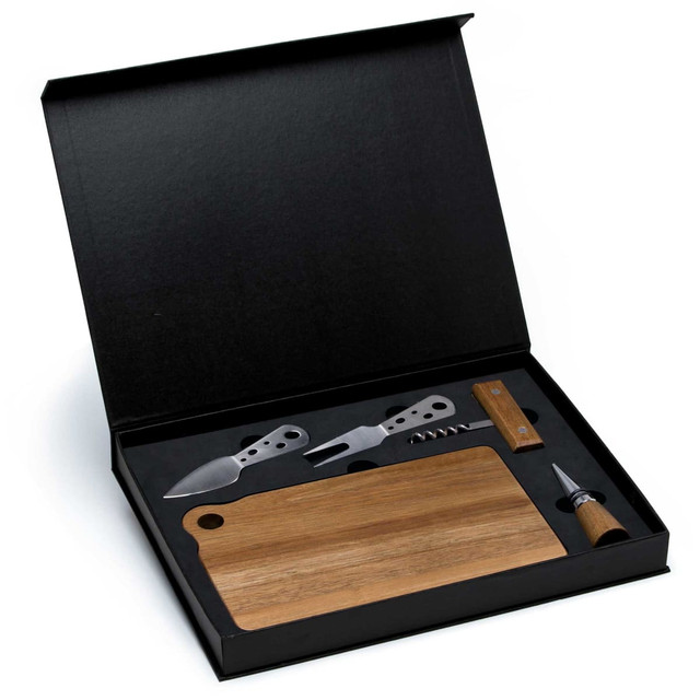 A cheese board set featuring a wooden board, stainless steel knives, and a corkscrew in a black box.