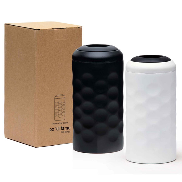 A drink bottle set featuring a black and a white wine cooler, presented in a simple cardboard box.