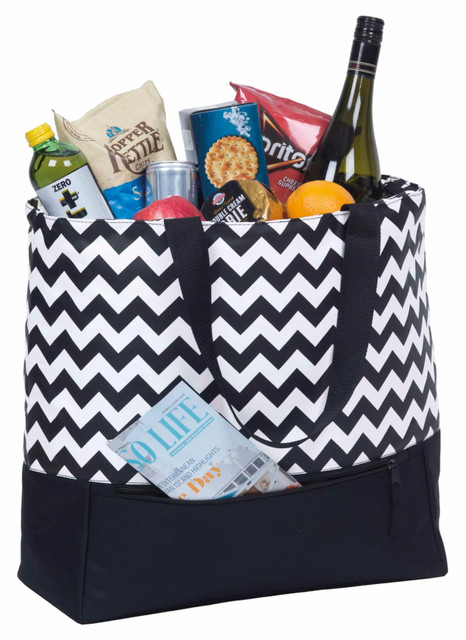 A black and white chevron tote bag filled with snacks, drinks, and a bottle, featuring a solid black base and shoulder straps.