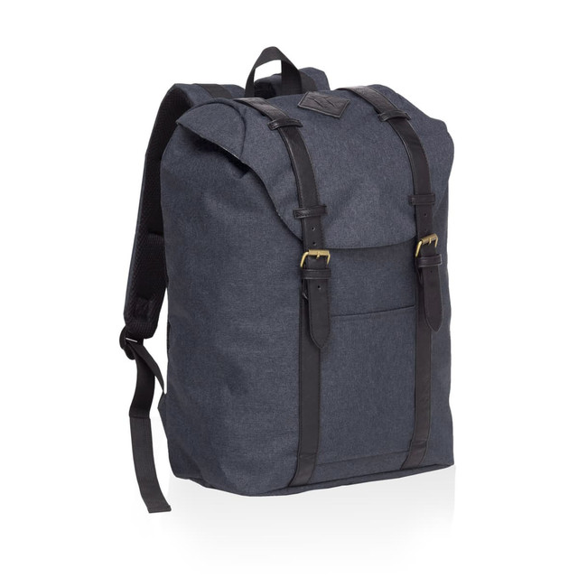 A dark grey front-side backpack with black straps and a flap closure, featuring a logo on the front. A dark grey front-side backpack with black straps and a flap closure, featuring a logo on the front.