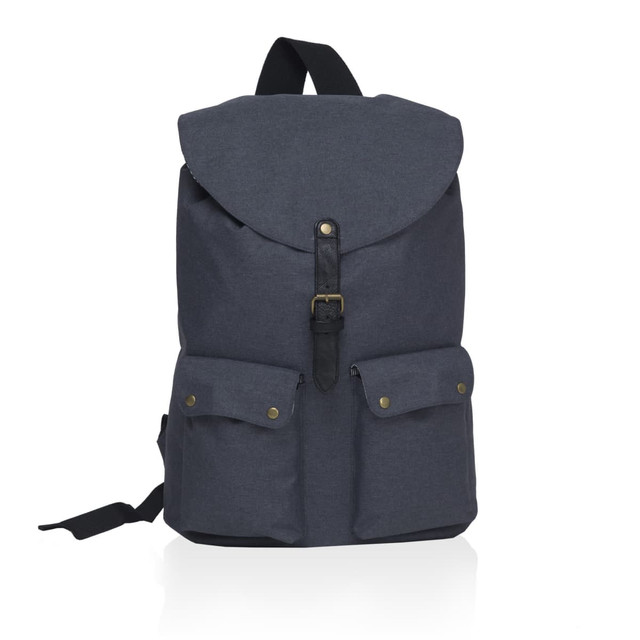 A dark grey backpack featuring a flap closure and two front pockets, with a buckle fastening and a logo. A dark grey backpack featuring a flap closure and two front pockets, with a buckle fastening and a logo.