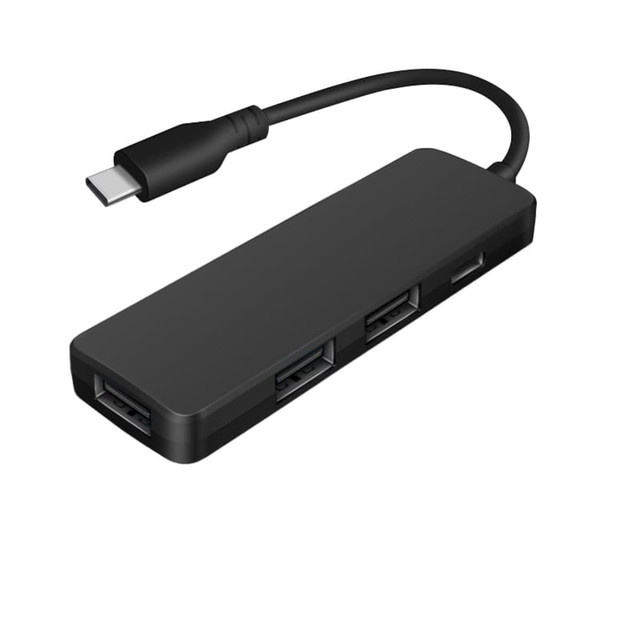 A black USB Type-C hub with multiple USB Type-A ports and a connecting cable. It features a sleek, rectangular design. A black USB Type-C hub with multiple USB Type-A ports and a connecting cable. It features a sleek, rectangular design.