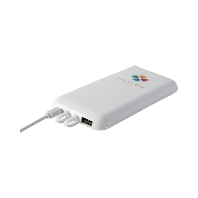 A white power bank with a logo and multiple charging ports, featuring a sleek, slim design. A white power bank with a logo and multiple charging ports, featuring a sleek, slim design.