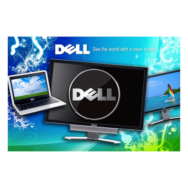 A promotional image featuring various Dell screens on a vibrant blue and green background, including a laptop and a monitor.