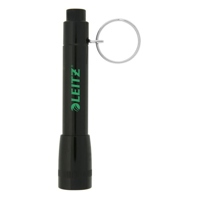 A black flashlight with a keyring attachment, featuring a logo. It's compact and cylindrical in shape.