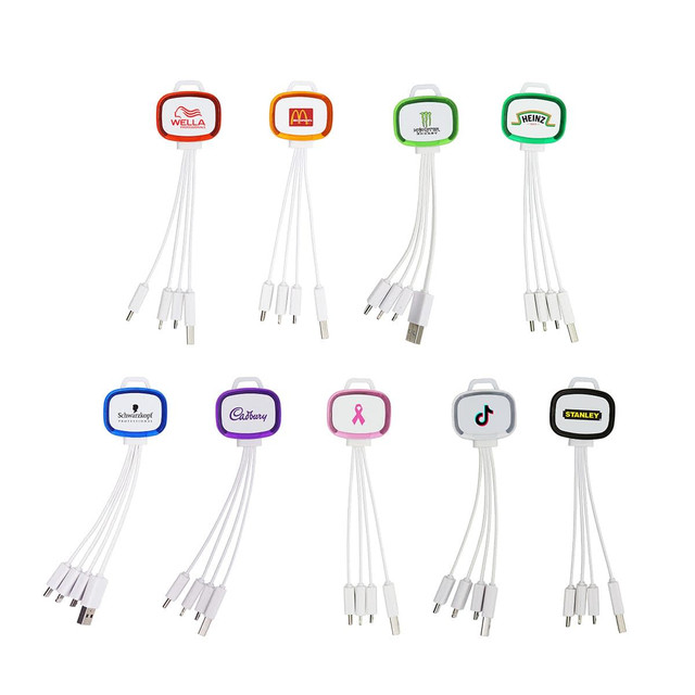 A multi-coloured 4-in-1 charging cable featuring various logos, with several connectors for different devices.