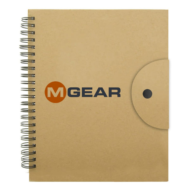 A brown spiral-bound notebook with a flap cover featuring a logo on the front.