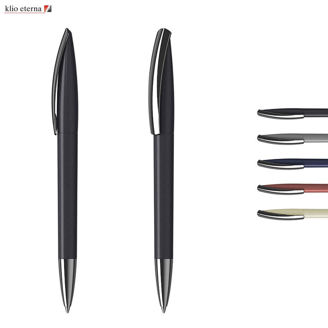 A set of metallic pens in black, silver, navy, red, cream, and burgundy, featuring a logo on the top left.