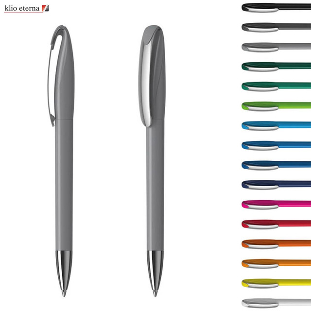 A plastic pen in grey with a shiny silver clip, accompanied by a range of coloured pens on the side.