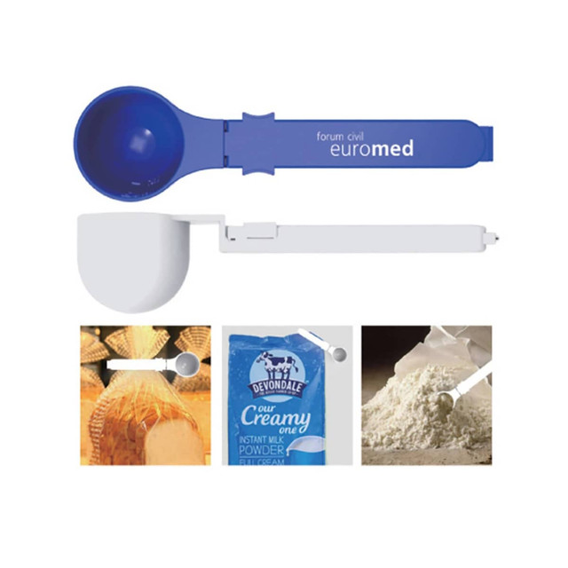 A measuring spoon in blue and white, featuring a logo, alongside images of food packaging and flour.