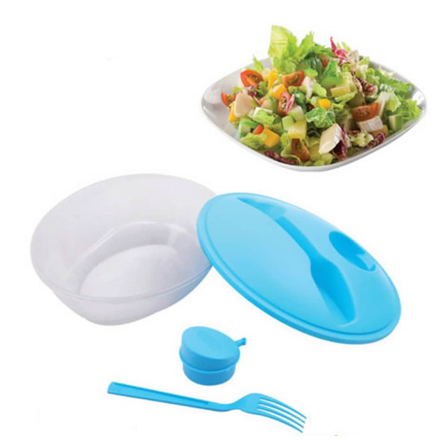 A blue salad lunch box set including a bowl, lid, dressing container, and fork, alongside a plate of fresh salad.