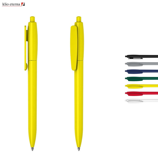 A set of yellow plastic pens with a clip, accompanied by options in various colours: black, blue, red, green, and white.