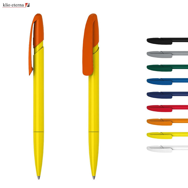 A set of plastic pens in various colours, including yellow with an orange cap, and a range of other shades on the side.