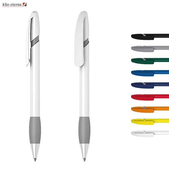 A plastic pen in white and grey with a clip, displayed alongside various coloured versions. Features a logo.
