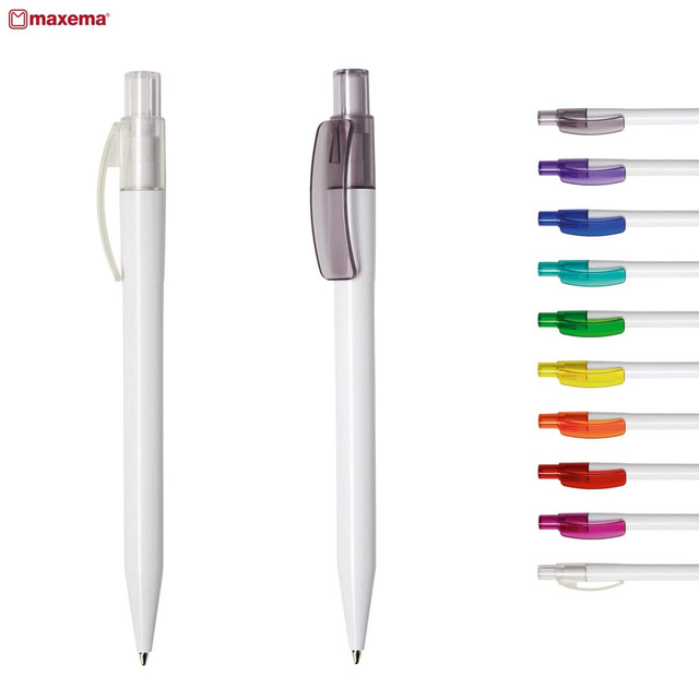 A selection of plastic pens in various colours, featuring a white body with coloured tips and a logo.
