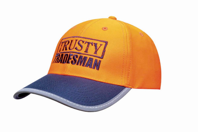 A bright orange cap with a navy blue peak and reflective trim, featuring a logo on the front. A bright orange cap with a navy blue peak and reflective trim, featuring a logo on the front.