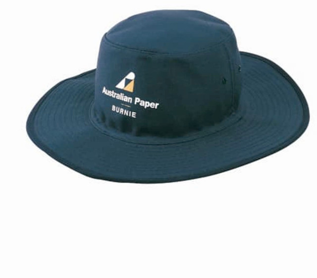 A navy canvas hat with a wide brim and a logo on the front. Suitable for various outdoor activities. A navy canvas hat with a wide brim and a logo on the front. Suitable for various outdoor activities.