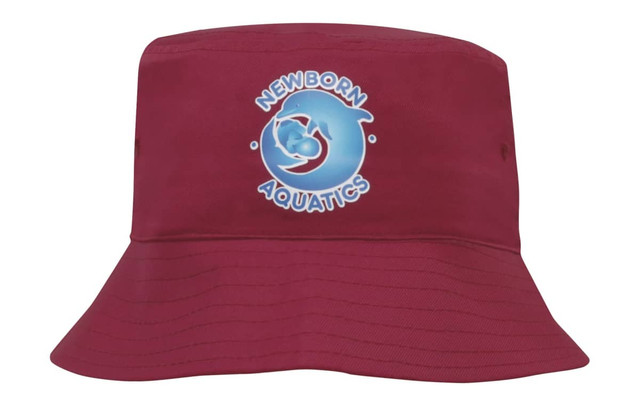 A maroon children's bucket hat with a logo on the front, featuring a dolphin design. A maroon children's bucket hat with a logo on the front, featuring a dolphin design.