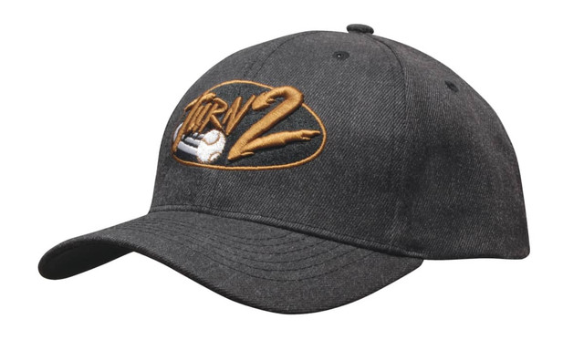 A dark grey premium American twill cap featuring a logo on the front.