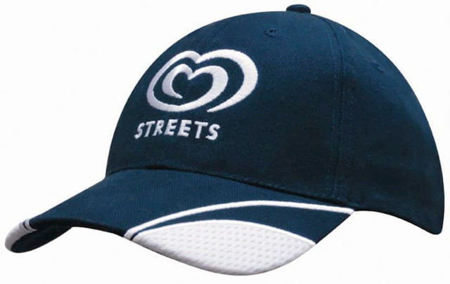 A navy blue brushed heavy cotton cap with mesh inserts on the peak and a logo on the front. A navy blue brushed heavy cotton cap with mesh inserts on the peak and a logo on the front.