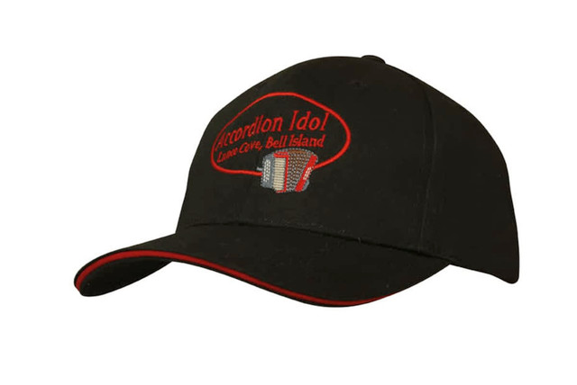 A black cap with a sandwich trim, featuring a logo on the front. A black cap with a sandwich trim, featuring a logo on the front.