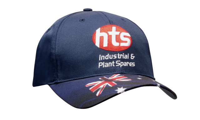 A navy cap featuring a branded logo and an Australian flag design on the brim. A navy cap featuring a branded logo and an Australian flag design on the brim.