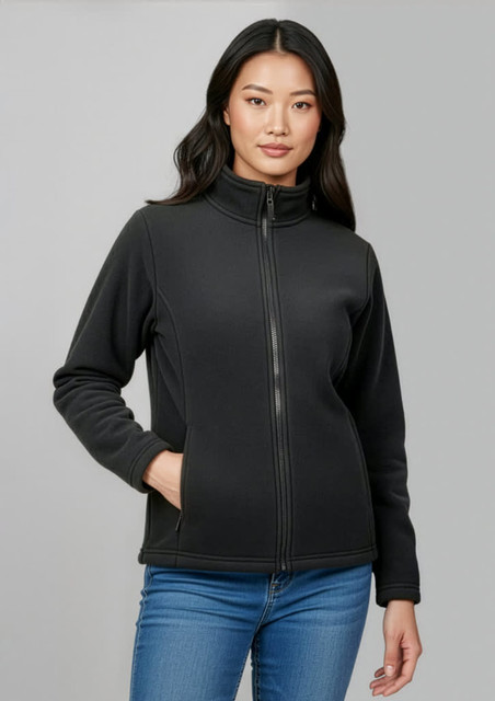 A women's plain black micro fleece jacket with a zip front and side pockets, featuring a logo on the chest.