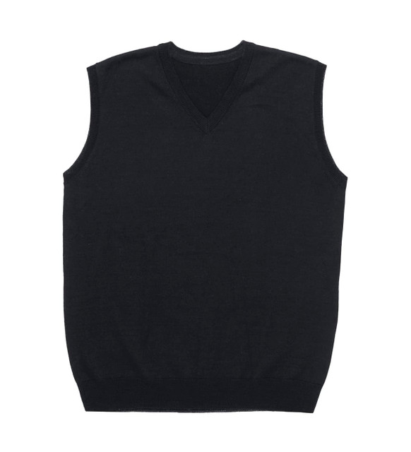 A black, sleeveless v-neck vest made from Merino wool, featuring a ribbed hem and a logo. A black, sleeveless v-neck vest made from Merino wool, featuring a ribbed hem and a logo.