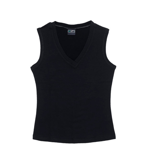 A black women's vest with a V-neck design, featuring sleeveless styling and a fitted silhouette. A black women's vest with a V-neck design, featuring sleeveless styling and a fitted silhouette.