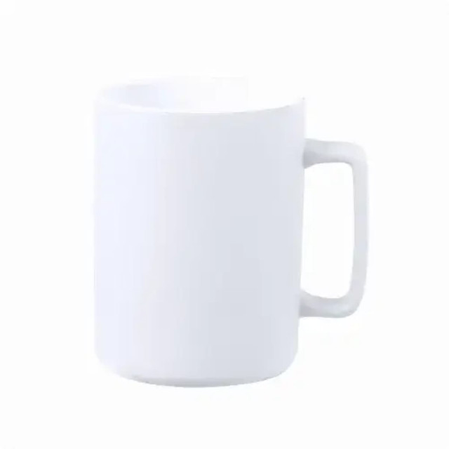 A ceramic mug in a plain white finish with a sturdy handle and a simple cylindrical design.