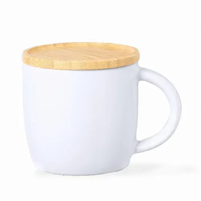 A ceramic mug in white with a bamboo lid, featuring a simple design and a handle.