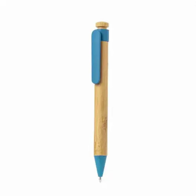 A bamboo pen with a blue clip and blue tip, featuring a logo on the barrel. A bamboo pen with a blue clip and blue tip, featuring a logo on the barrel.