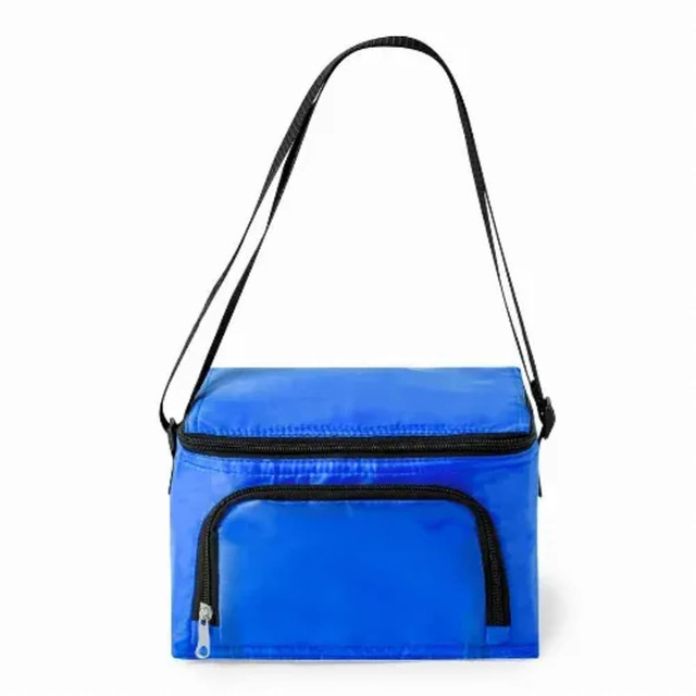 A blue cooler bag with a black zipper and strap, featuring a front pocket and a glossy finish.