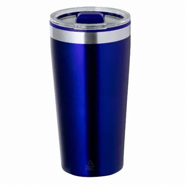 A drink bottle featuring a sleek, insulated design in a vibrant blue colour with a silver accent on the lid.