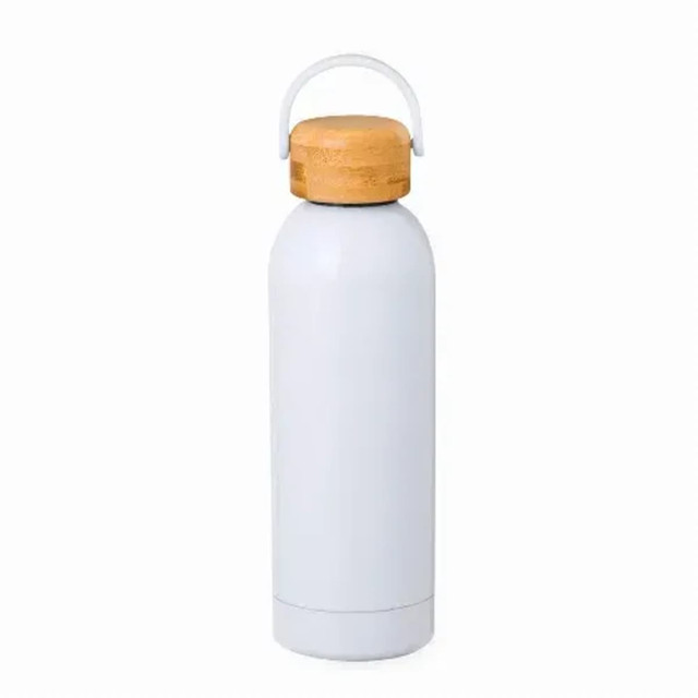 A drink bottle in white with a wood-patterned lid and a handle, featuring a sleek and insulated design.