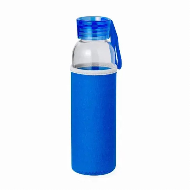 A drink bottle featuring a clear glass body with a blue protective sleeve and a blue cap. A drink bottle featuring a clear glass body with a blue protective sleeve and a blue cap.