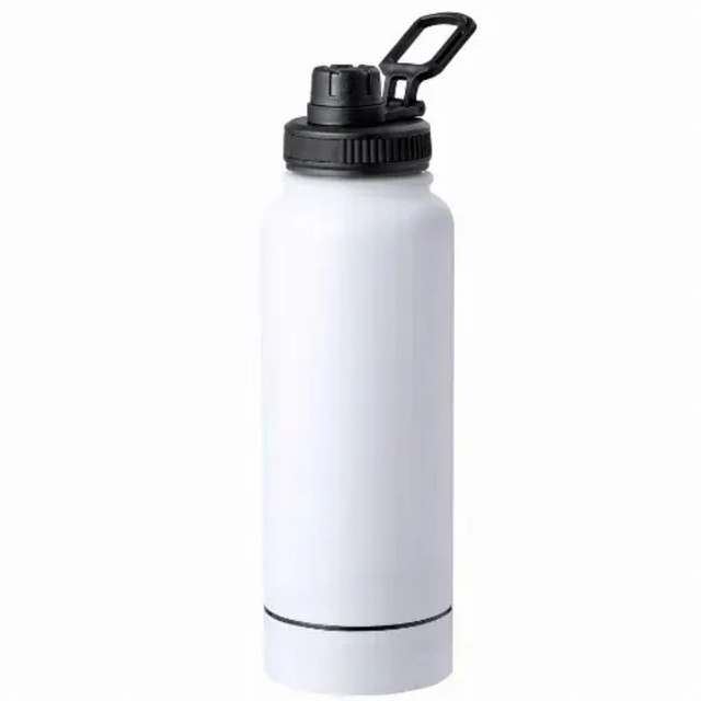 A drink bottle in white with a black lid and handle, featuring a logo on the side.