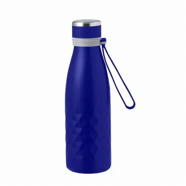 A drink bottle in a vibrant blue colour featuring a textured body and a silver cap with a loop.