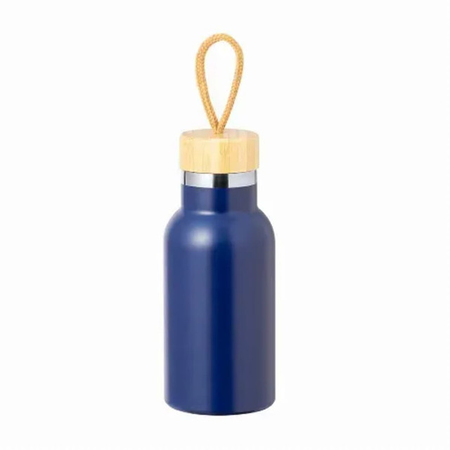 A drink bottle in navy blue with a bamboo lid and a looped handle. It features a branding logo.