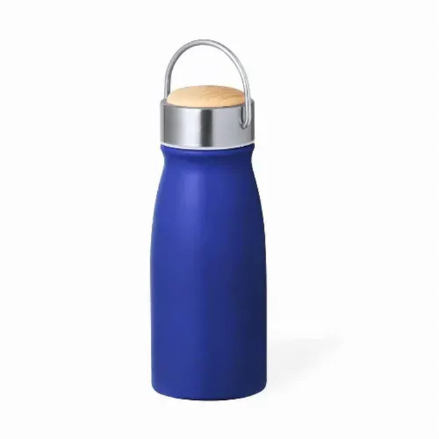 A drink bottle in a deep blue colour with a stainless steel lid and a wooden handle. It features a logo.