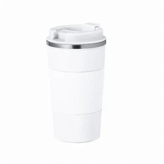 An insulated cup in white with a textured grip and a silver lid. It features a logo on the surface.