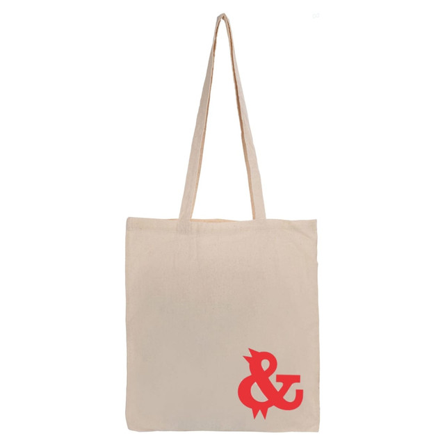 A beige tote bag with long handles featuring a red logo.