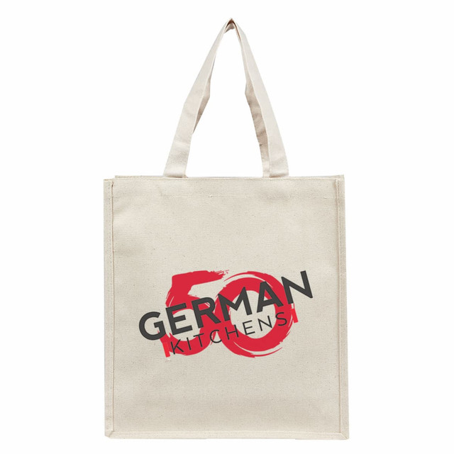 A beige tote bag featuring a logo with red and black text. It has two sturdy handles for easy carrying.