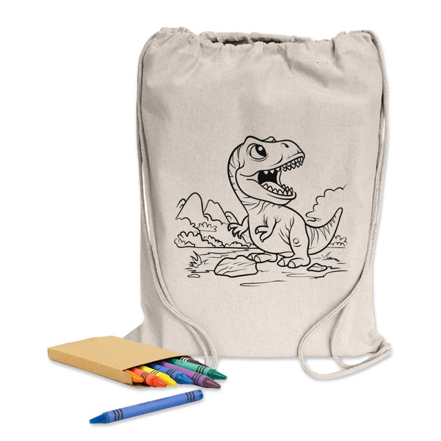 A drawstring library bag in natural colour with a dinosaur design, accompanied by crayons and a notepad.
