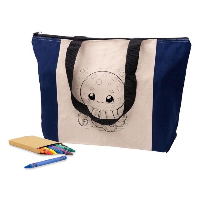 A navy and natural tote bag featuring a cute octopus design, accompanied by colourful markers and a notepad.