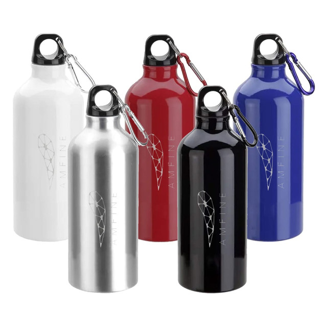 A drink bottle collection featuring white, silver, red, blue, and black bottles with a branding logo.