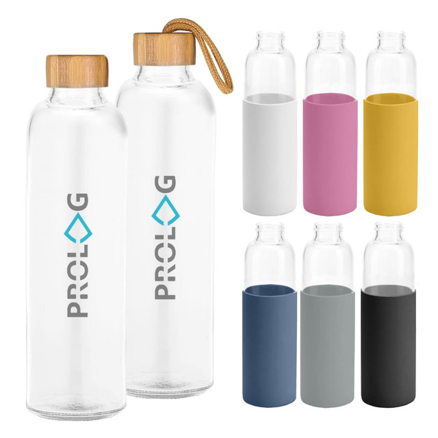 A drink bottle made of glass with a bamboo lid, available with various coloured sleeves and featuring a logo.