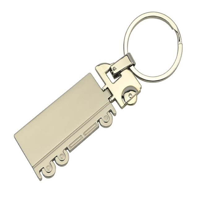 A silver cargo truck-shaped keyring with a circular keyring attachment. It has a simple, sleek design.